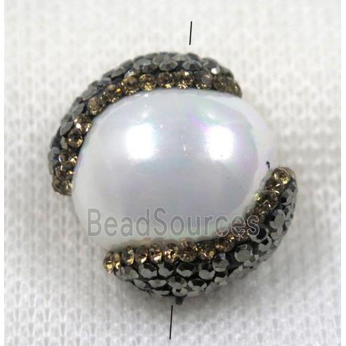 white pearl shell bead paved rhinestone, flat round