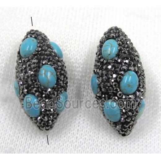 blue turquoise bead paved black rhinestone, rice