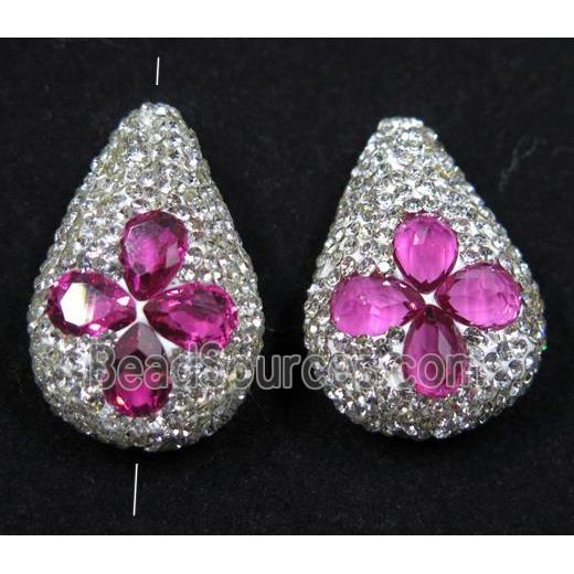 hotpink crystal glass beads pave rhinestone, teardrop