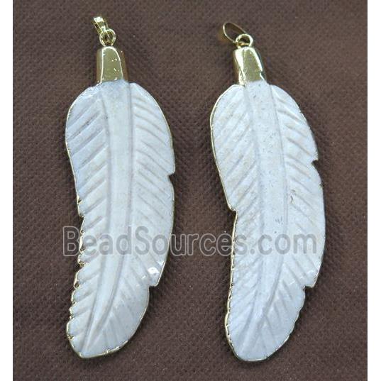 white coral fossil feather pendant, dye, gold plated