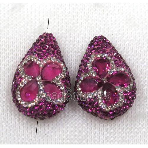 hotpink crystal glass bead paved rhinestone, teardrop