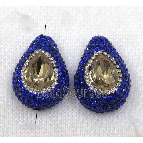 yellow crystal glass bead paved blue rhinestone, teardrop