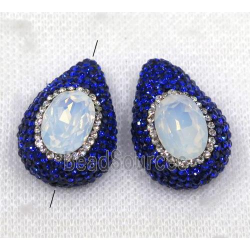 white opalite crystal glass beads paved blue rhinestone, teardrop