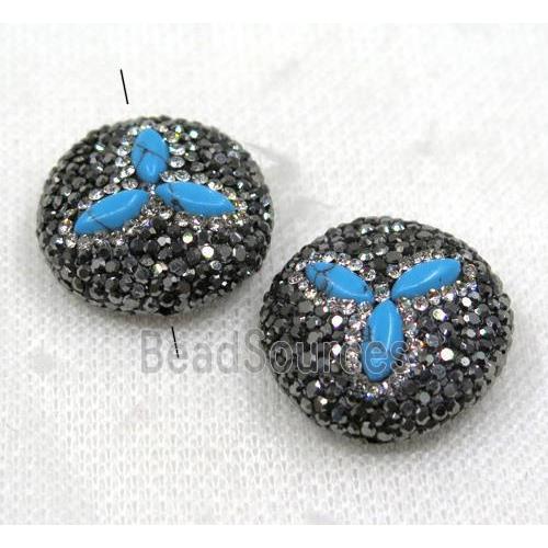 blue turquoise bead paved black rhinestone, flat round