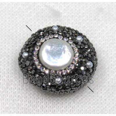 white pearl beads paved black rhinestone, flat round