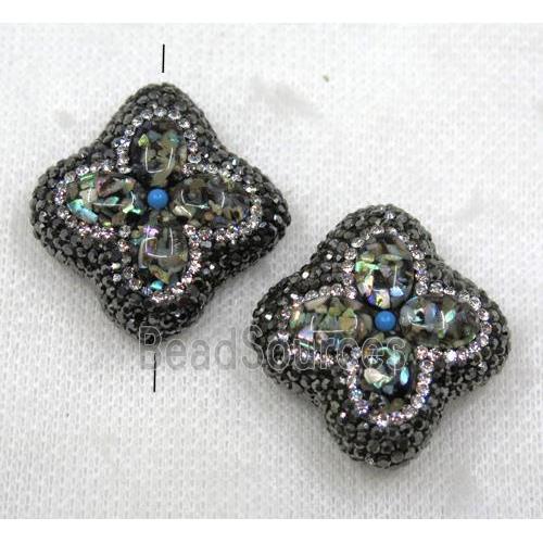 Paua Abalone shell beads paved black rhinestone, four-leaf Clover