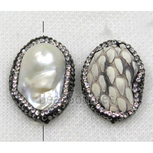 white pearl beads paved rhinestone, freeform, white snakeskin