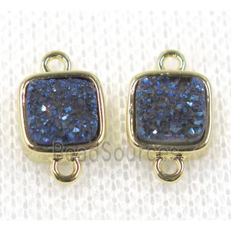 blue druzy quartz connector, square, gold plated