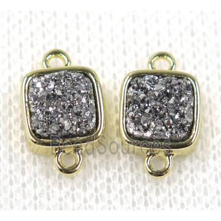 silver druzy quartz connector, square, gold plated