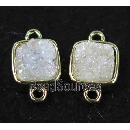 druzy quartz connector, white AB-color, square, gold plated