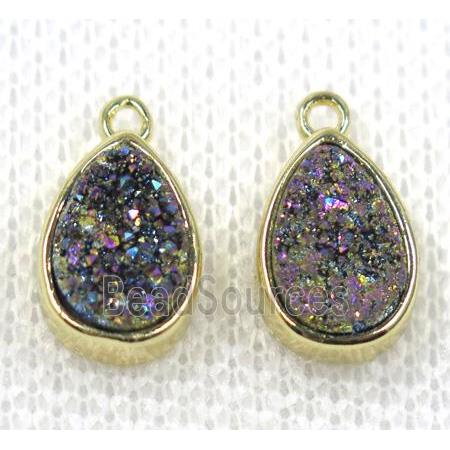 rainbow druzy quartz teardrop pendant, gold plated