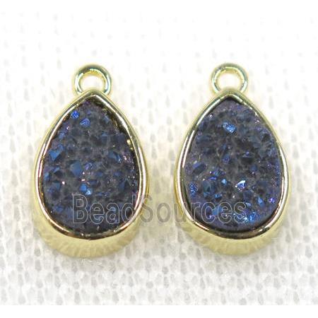 blue druzy quartz teardrop pendant, gold plated