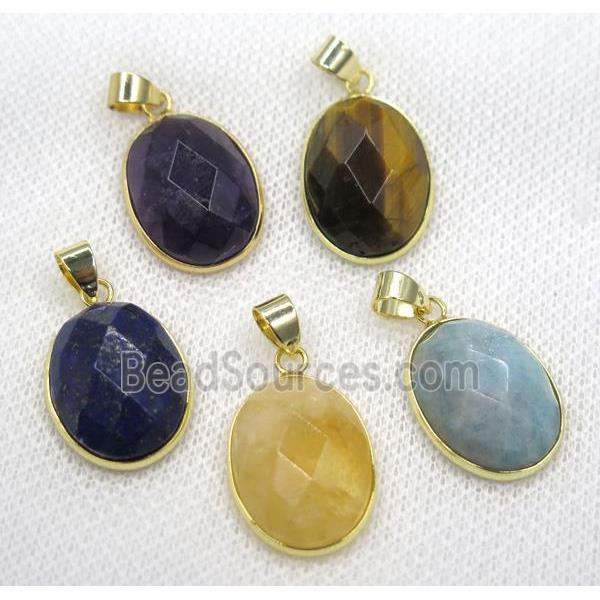 mix gemstone pendant, faceted oval, gold plated