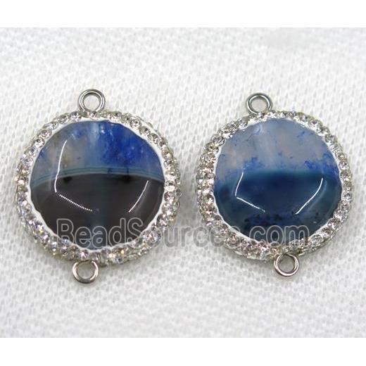 blue agate connector paved rhinestone, flat round