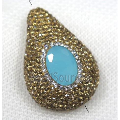 blue crystal glass beads paved yellow rhinestone, teardrop