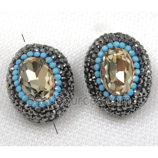 yellow crystal glass bead paved black rhinestone, oval