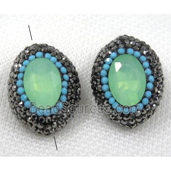 green crystal glass beads paved black rhinestone, oval