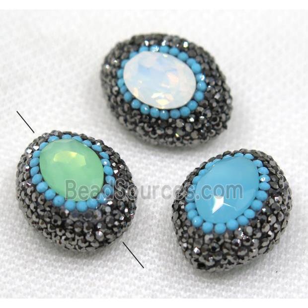 crystal glass bead paved black rhinestone, mix color, oval