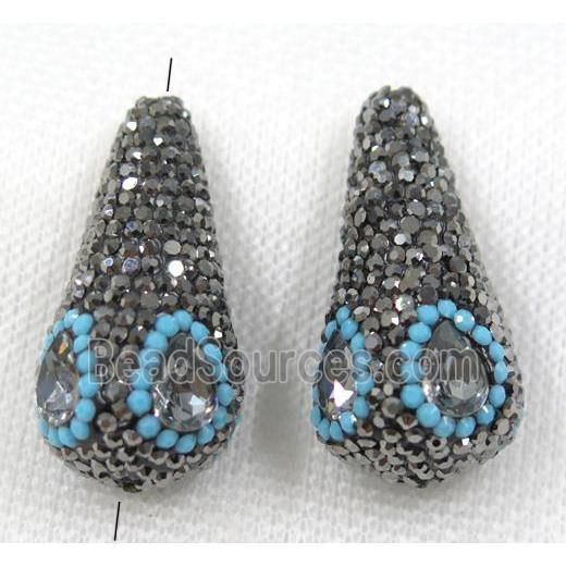 crystal glass bead paved black rhinestone, teardrop