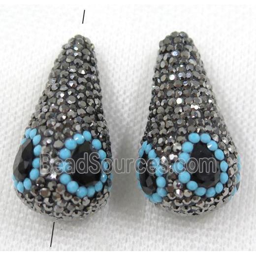 black crystal glass bead paved rhinestone, teardrop