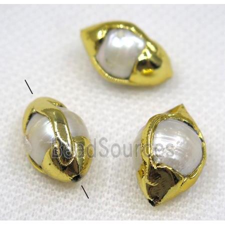 white pearl beads, oval, 24k gold plated