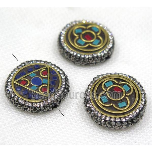 Nepal style turquoise bead paved rhinestone, flat round