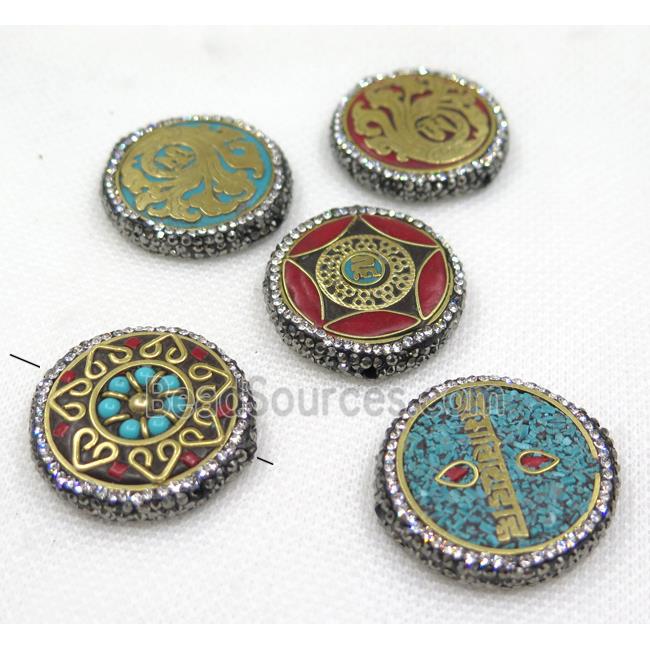 Nepal style turquoise bead paved rhinestone, flat round, mix color