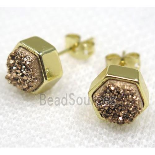 coffee druzy quartz earring studs, hexagon