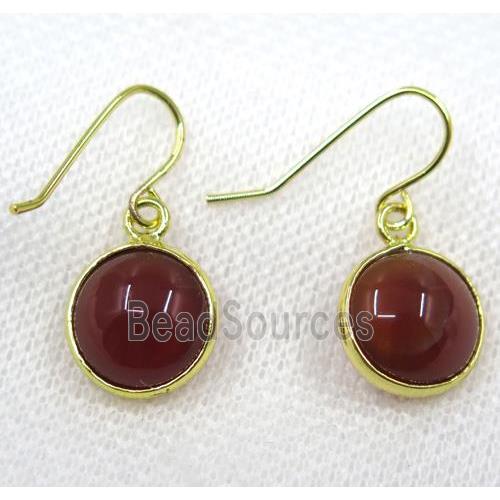 red Agate earring, flat round, gold plated