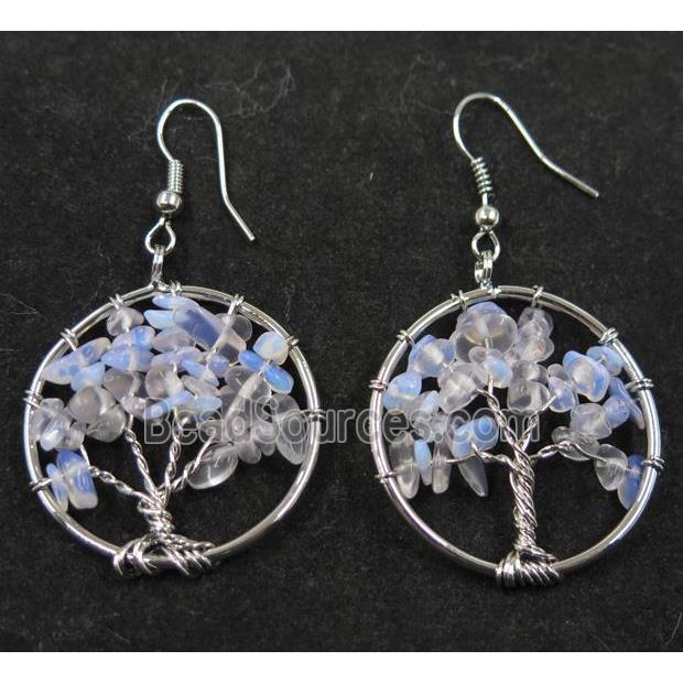 white opalite earring, tree of life, platinum