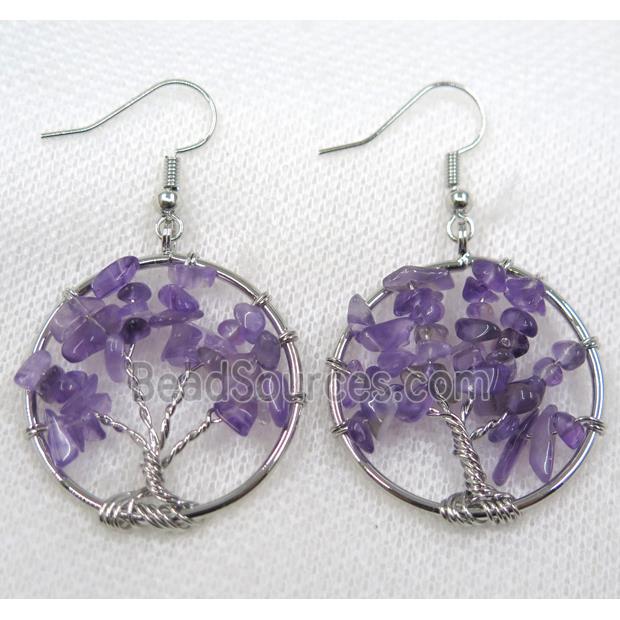 Tree of life earring with purple Amethyst chips, platinum