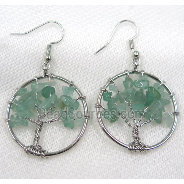 Tree of life earring with green aventurine chips bead, platinum