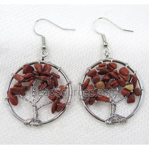 Tree of life earring with red jasper bead chips, platinum