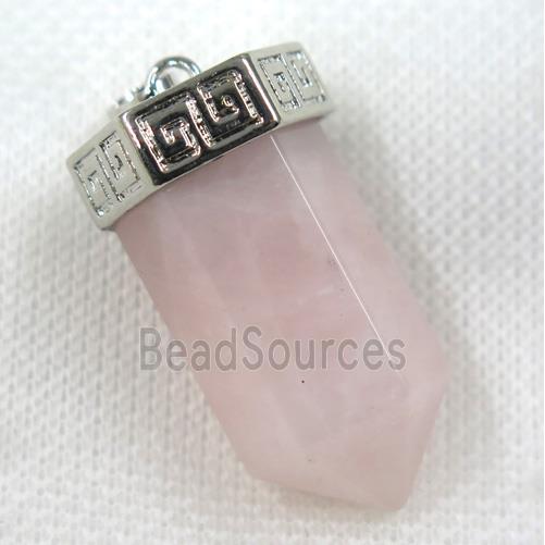 Rose Quartz bullet pendant, pink, platinum