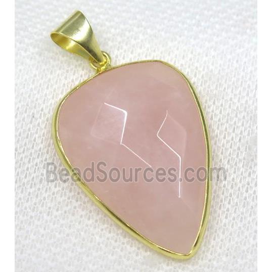 Rose Quartz pendant, pink, faceted teardrop, gold plated