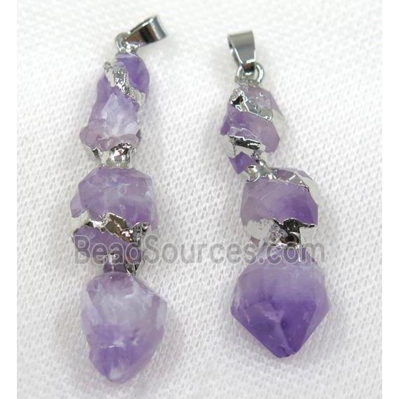 purple Amethyst stick pendant, silver plated