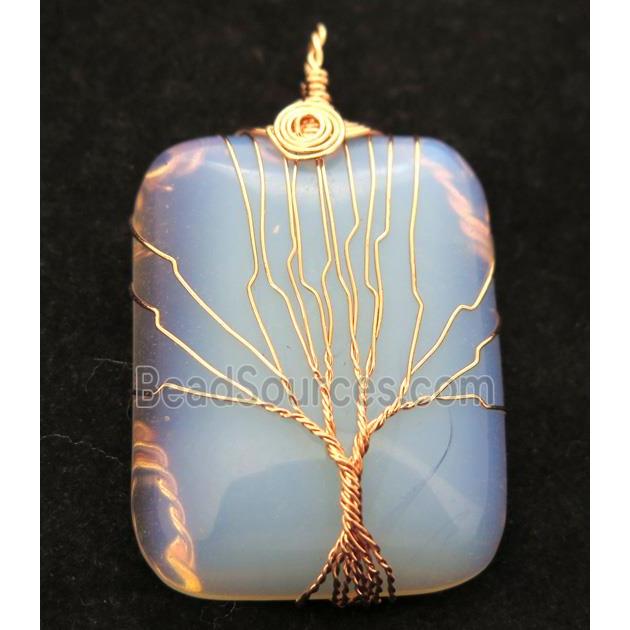 White Opalite Rectangle Pendant Tree Of Life Wire Wrapped Rose Gold