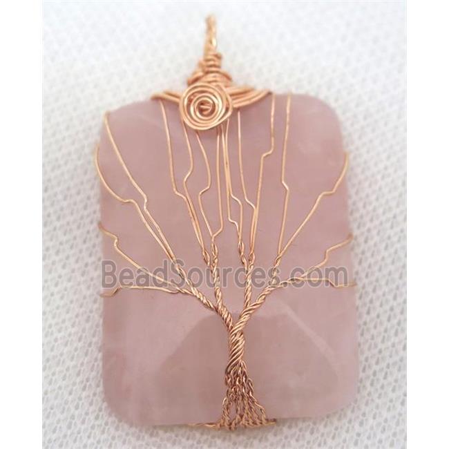 Pink Rose Quartz Rectangle Pendant Tree Of Life Wire Wrapped Rose Gold