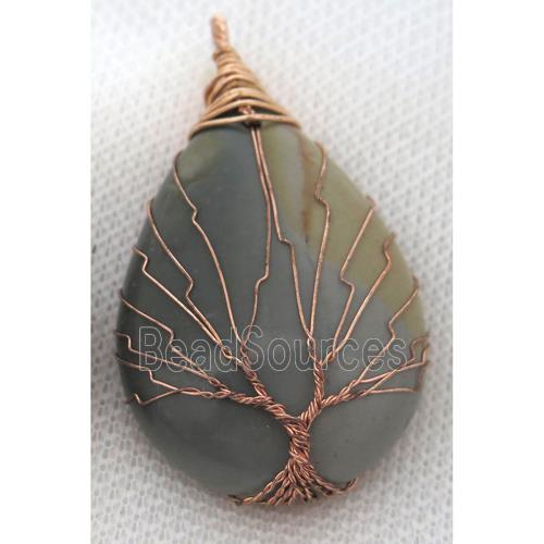 Ocean Agate Teardrop Pendant Tree Of Life Wire Wrapped Rose Gold