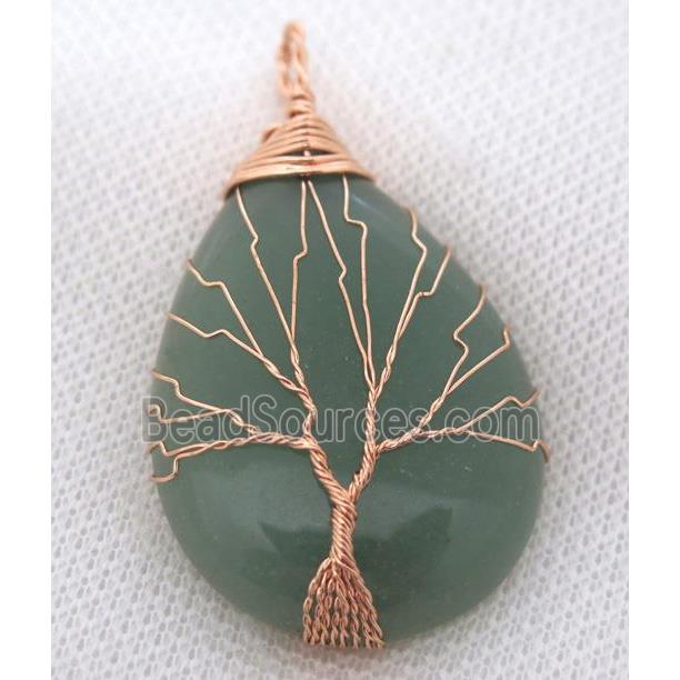 Green Aventurine Teardrop Pendant Tree Of Life Wire Wrapped Rose Gold