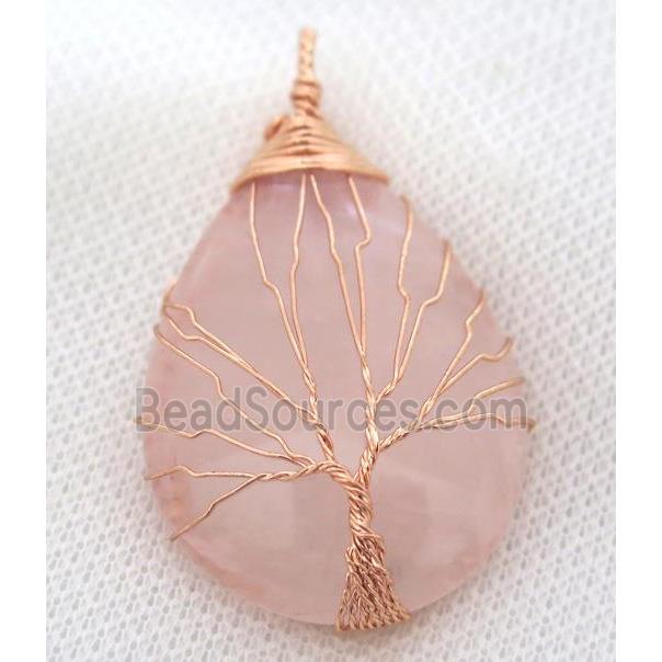 Pink Rose Quartz Teardrop Pendant Tree Of Life Wire Wrapped Rose Gold