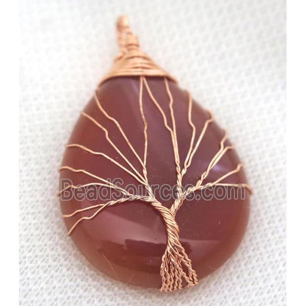 Red Agate Teardrop Pendant Tree Of Life Wire Wrapped Rose Gold