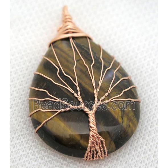 Tiger Eye Stone Teardrop Pendant Tree Of Life Wire Wrapped Rose Gold