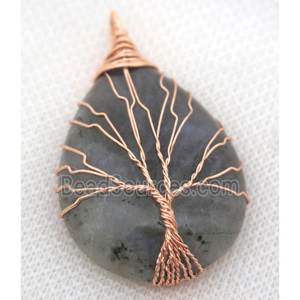 Labradorite Teardrop Pendant Tree Of Life Wire Wrapped Rose Gold