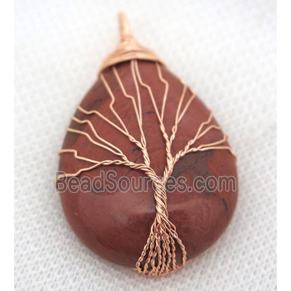 Red Jasper Teardrop Pendant Tree Of Life Wire Wrapped Rose Gold