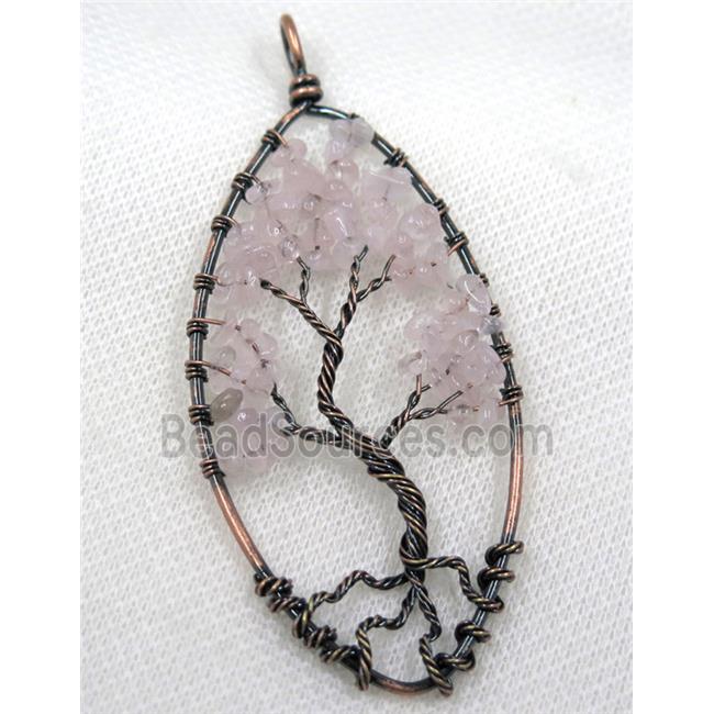 Pink Rose Quartz Chips Pendant Tree Of Life Wire Wrapped Oval Antique Red