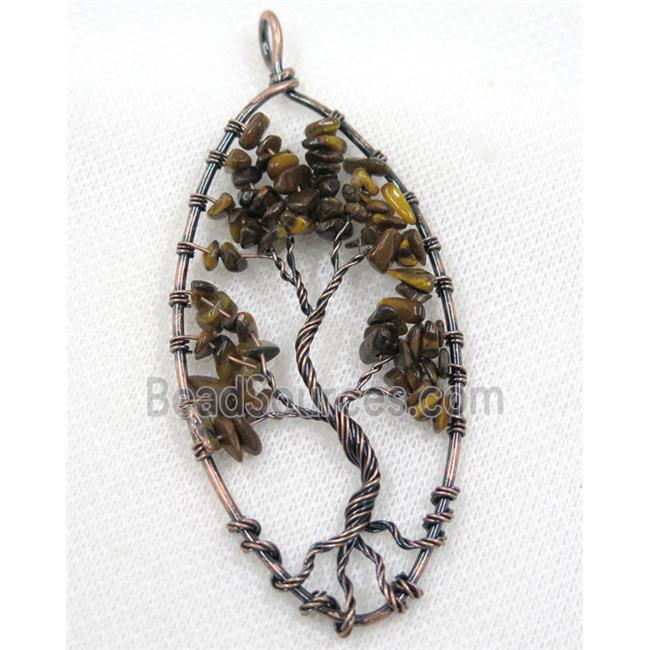 Tiger Eye Stone Chips Pendant Tree Of Life Wire Wrapped Oval Antique Red