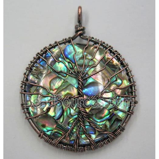 Tree of life Paua Abalone Shell pendant, flat round, wire wrapped