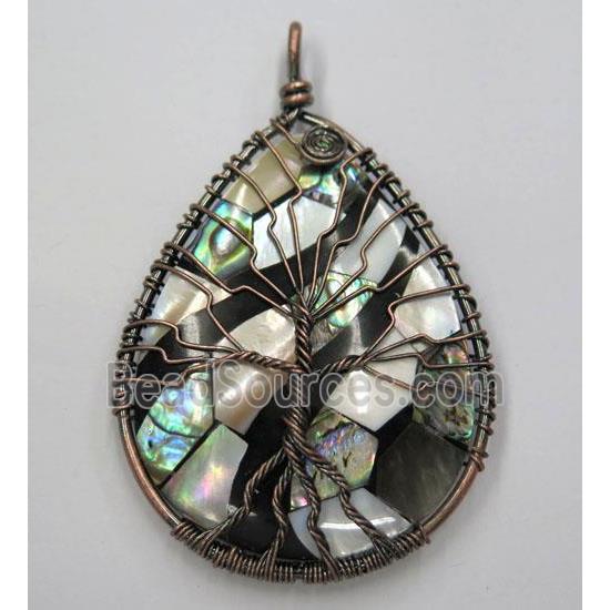 Tree of life Paua Abalone Shell pendant, teardrop, wire wrapped