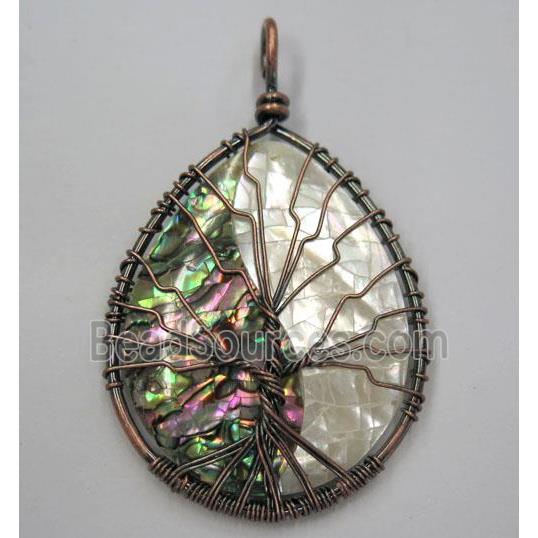 Tree of life Paua Abalone Shell pendant, teardrop, wire wrapped